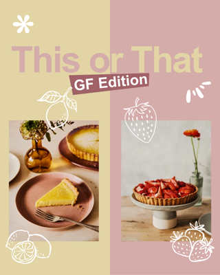 A split image showcasing two gluten-free desserts: a lemon tart on the left and a strawberry tart on the right. The layout is playful and inviting.