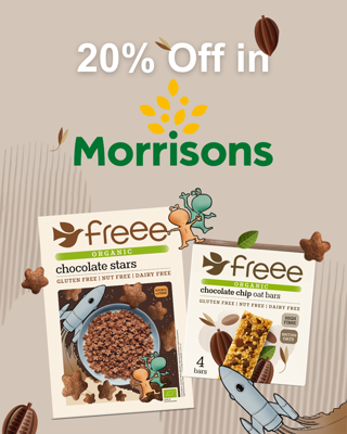 Promotional image showcasing a 20% discount on Freee organic gluten-free products available at Morrisons, with playful cartoon characters.