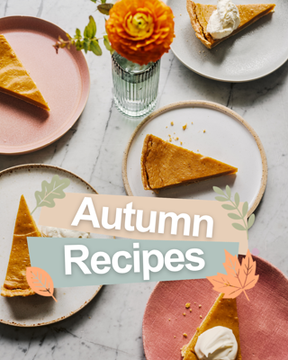 A stylish flat lay of pumpkin pie slices on different plates, with a vibrant orange flower centerpiece. The text 'Autumn Recipes' accompanies the image, enhancing its seasonal theme.