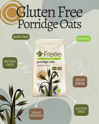 Promotional image for gluten-free porridge oats highlighting features like organic, dairy-free, and high fiber. Earthy tones create a natural, wholesome feel.