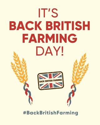 A poster celebrating Back British Farming Day with bold text and agricultural imagery. It features a Union Jack-themed badge and wheat illustrations, conveying a supportive and patriotic tone.