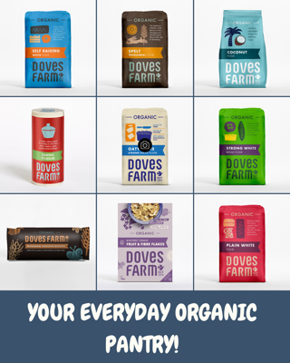 A collection of Doves Farm organic products including various types of flour, baking powder, and biscuits. Bright, organized grid layout with a focus on natural, everyday pantry staples.