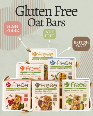 Image of Freee brand gluten-free oat bars available in various flavors, including banana & chocolate chip, coconut & chocolate, apricot & chia, cranberry, chocolate chip, and apple & sultana. The image highlights the bars as high fiber, nut-free, and made with British oats.