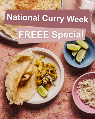 A promotional image for National Curry Week featuring Indian curry served with bread and lime, accompanied by a text overlay announcing a free special. The mood is festive and inviting, suitable for food-related promotions.