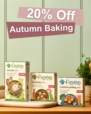Promotional image showcasing a 20% discount on gluten-free baking mixes for autumn. The scene is cozy and inviting.