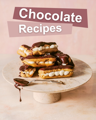 A stack of chocolate-covered eclairs filled with cream, presented on a marble cake stand. The mood is indulgent and inviting, perfect for chocolate lovers.