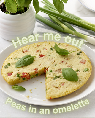 A creatively styled omelette garnished with fresh basil leaves, featuring a text overlay suggesting a unique ingredient combination. The scene has a light and fresh mood, accompanied by green onions and potted basil plants.