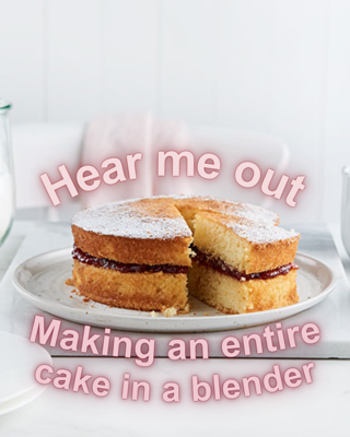 A homemade cake prepared using a blender, featuring a round design with jam filling. The text encourages trying this unique method.