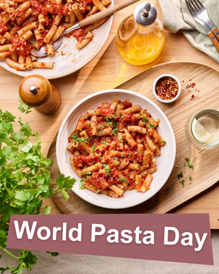 A plate of rigatoni pasta with tomato sauce, garnished with herbs, surrounded by ingredients like olive oil and pepper, celebrating World Pasta Day.