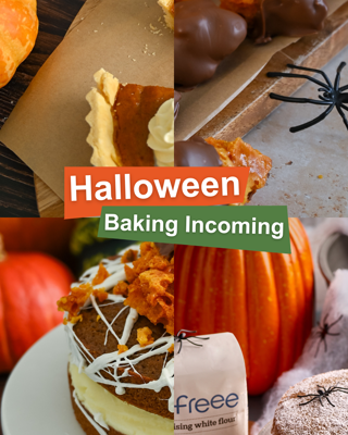 A collage highlighting Halloween-themed baking with decorations like pumpkins, spider props, and enticing desserts. The mood is festive and autumnal.