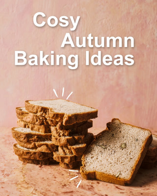 Stack of rustic autumn bread slices on a warm-toned background with text overlay promoting cosy baking ideas. The image evokes a comforting seasonal mood.