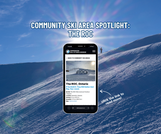 A scenic view of a snowy slope with a mobile displaying information about The ROC, Ontario. Sunlight and clear sky add a serene mood.