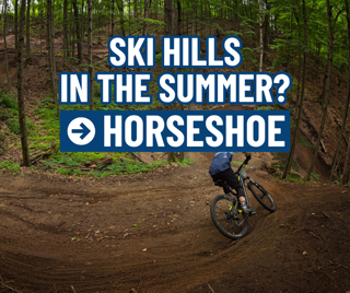 A cyclist takes on a forest trail at Horseshoe during summer. The vibrant greenery and the dynamic action suggest an adventurous mood.