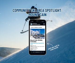 An engaging image highlighting Mount Cain, a community ski area in British Columbia. Features a dynamic shot of a skier and an informational phone screen.