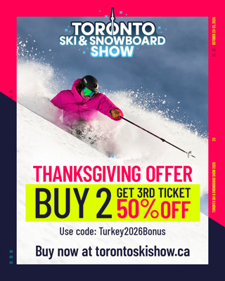 A promotional image for the Toronto Ski & Snowboard Show featuring a skier in action with a special Thanksgiving offer. Bold colors and text highlight a discount promotion.