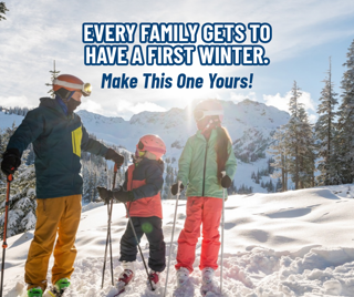 A family skiing in a scenic snowy mountain setting. The atmosphere is joyful and adventurous, highlighting a shared family experience.