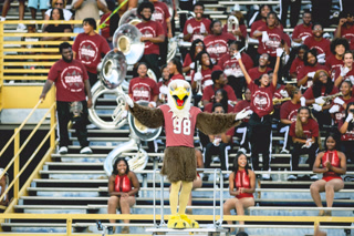 Eagle mascot and Sound Machine Marching Band during an NCCU football game
